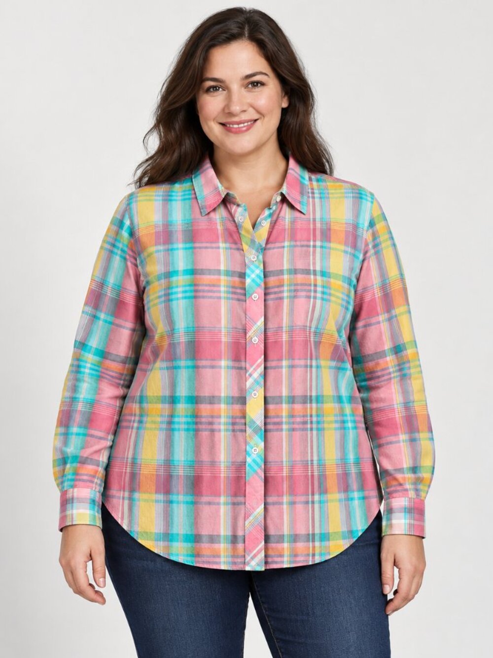 Talbots Women L 100% Cotton Pink Multicolor Plaid Button Front Long Sleeve Shirt